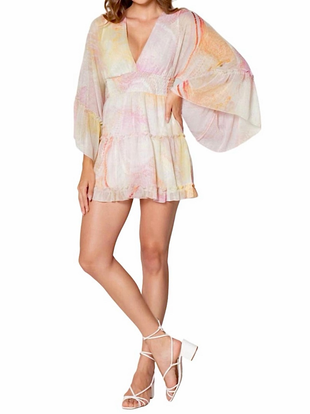 Lavender Brown mini dress V-neckline bell sleeves
tiered skirt pastel large NWT